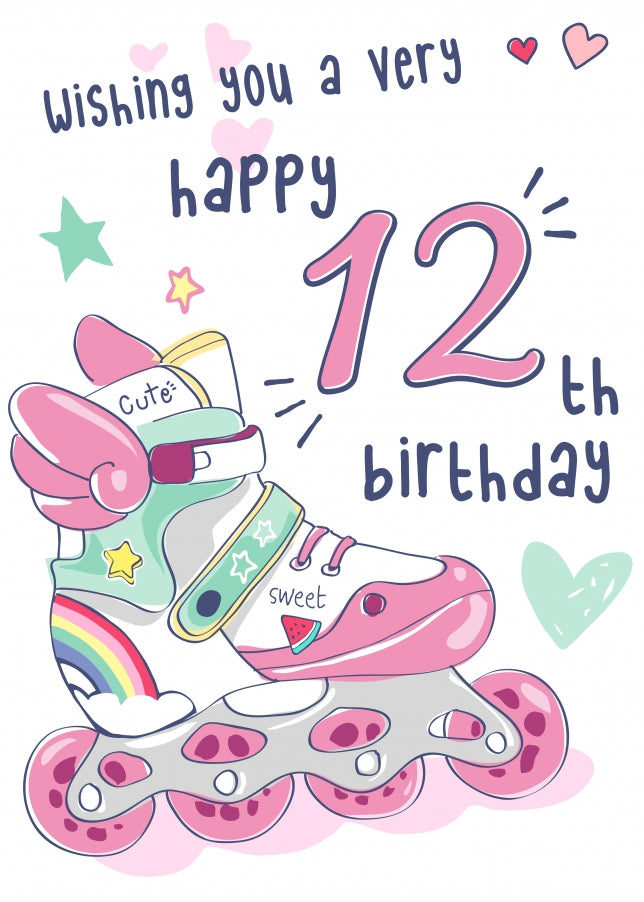 Rollerblades 12th Birthday Card for Girls - Pretty Pink Card for 12 Year Old Girl