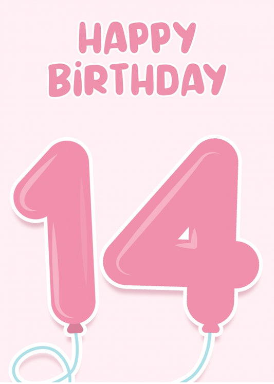 14th Birthday Cards for Girl - Pink Balloons for 14 Year Old Girl