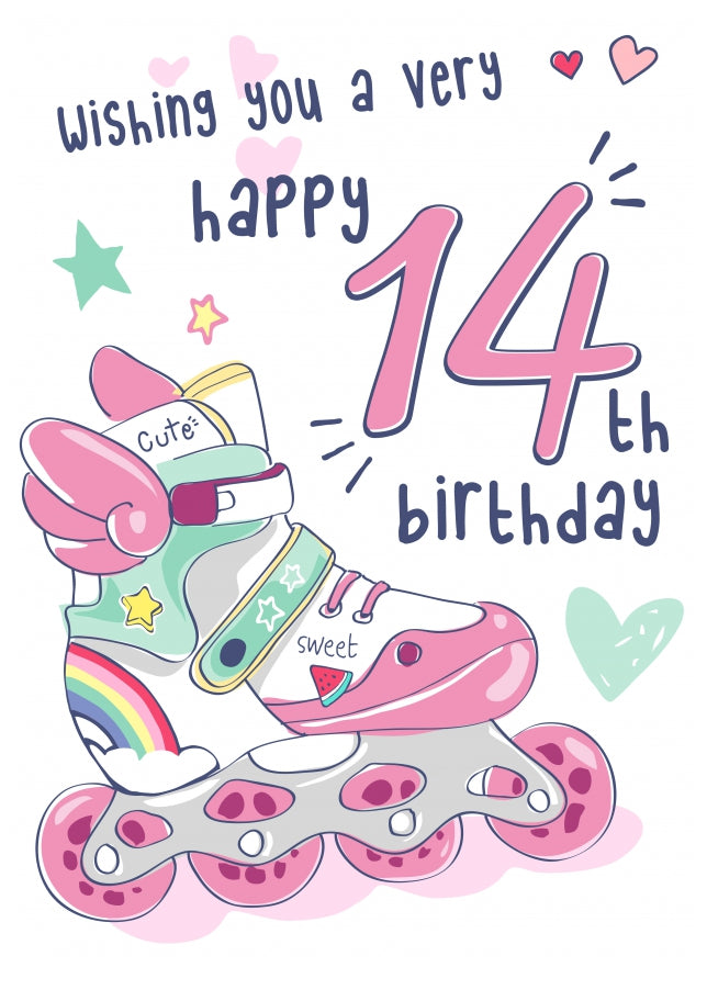 Rollerblades 14th Birthday Card for Girls - Pretty Pink Card for 14 Year Old Girl