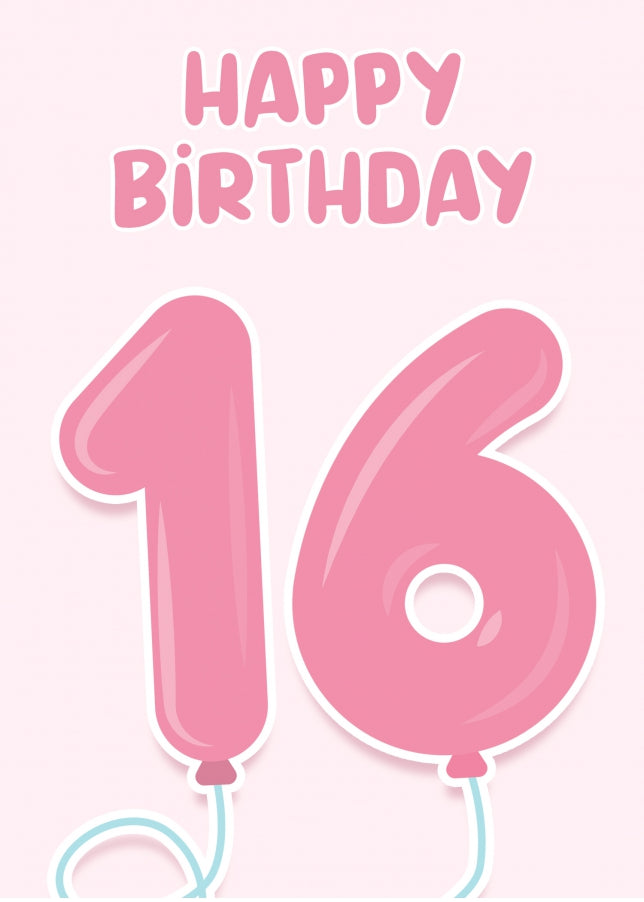 16th Birthday Cards for Girl - Pink Balloons for 16 Year Old Girl