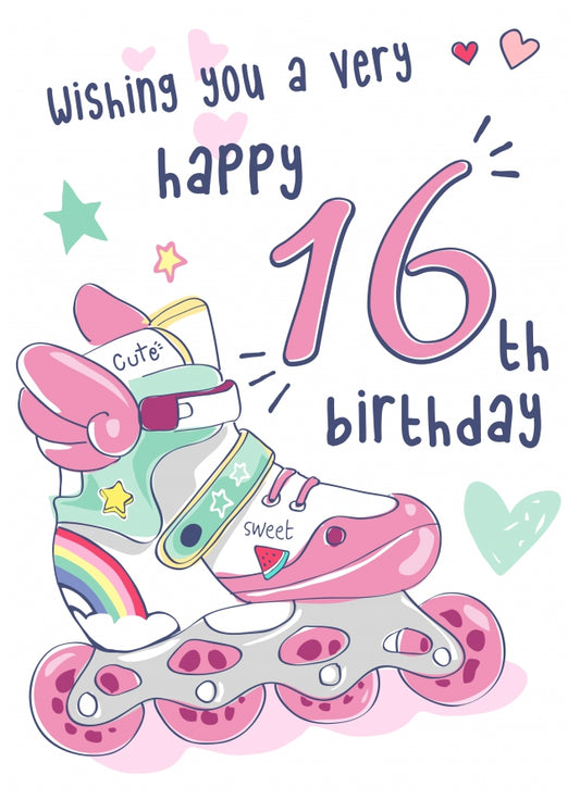 Rollerblades 16th Birthday Card for Girls - Pretty Pink Card for 16 Year Old Girl