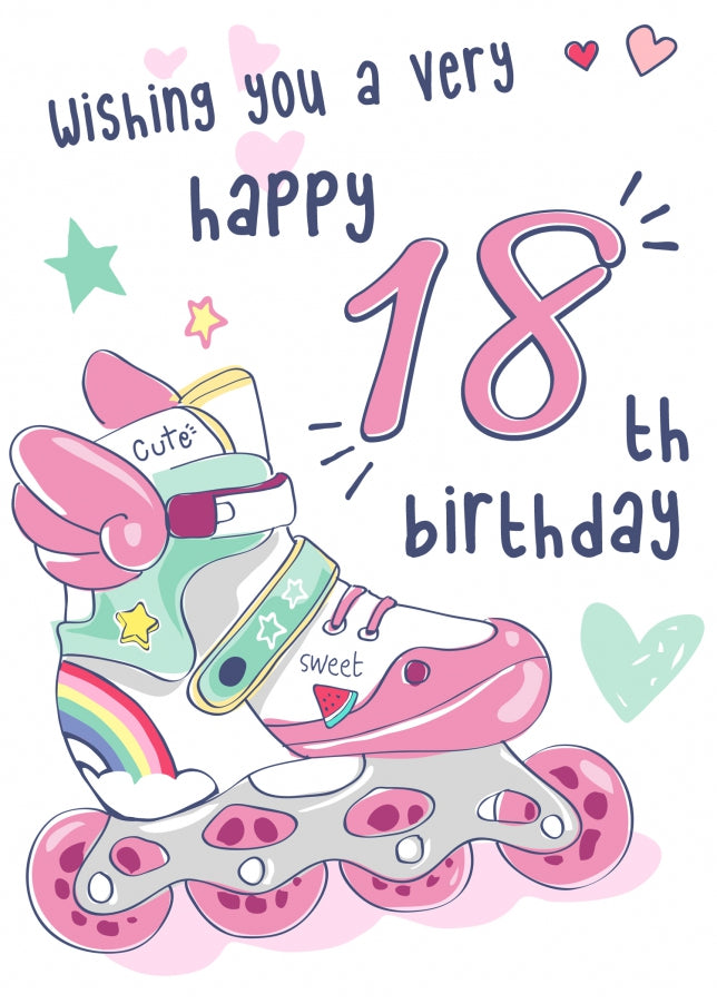 Rollerblades 18th Birthday Card for Girls - Pretty Pink Card for 18 Year Old Girl