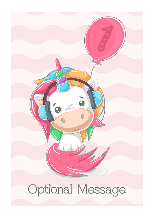 Unicorn 1st Birthday Card for 1 Year Old Girl (Headphones)