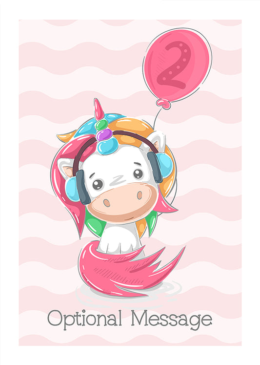 Unicorn 2nd Birthday Card for 2 Year Old Girl (Headphones)