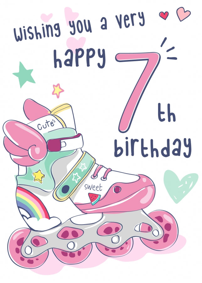 Rollerblades 7th Birthday Card for Girls - Pretty Pink Card for 7 Year Old Girl