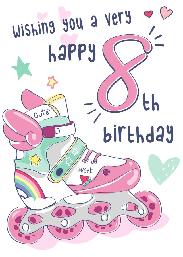 Rollerblades 8th Birthday Card for Girls - Pretty Pink Card for 8 Year Old Girl