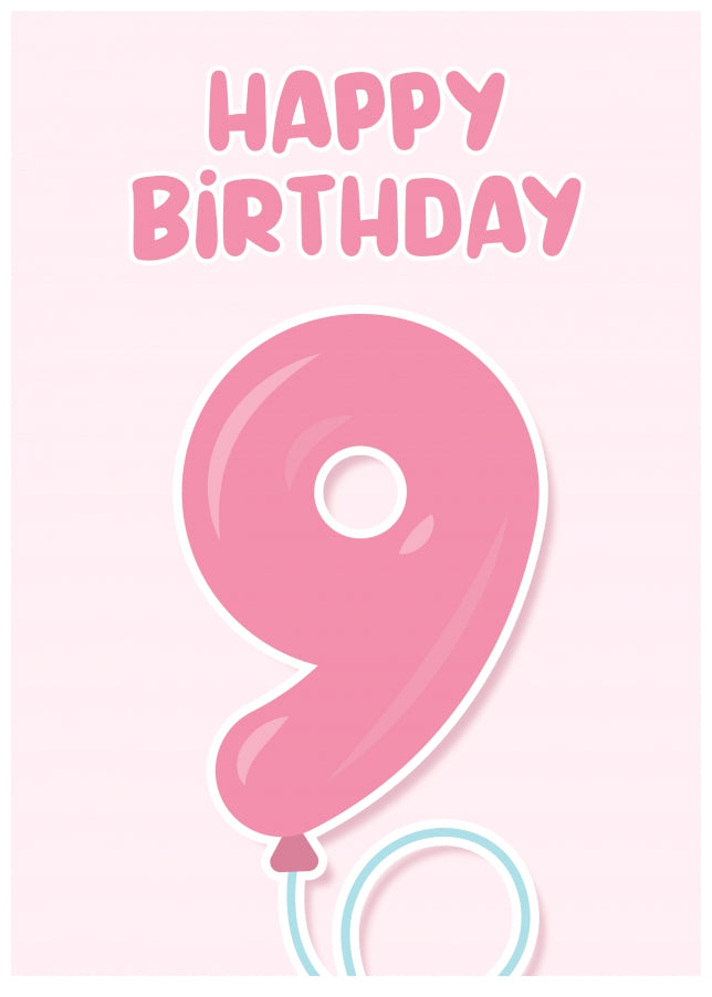 9th Birthday Card for Girls - Pink Balloons for 9 Year Old Girl