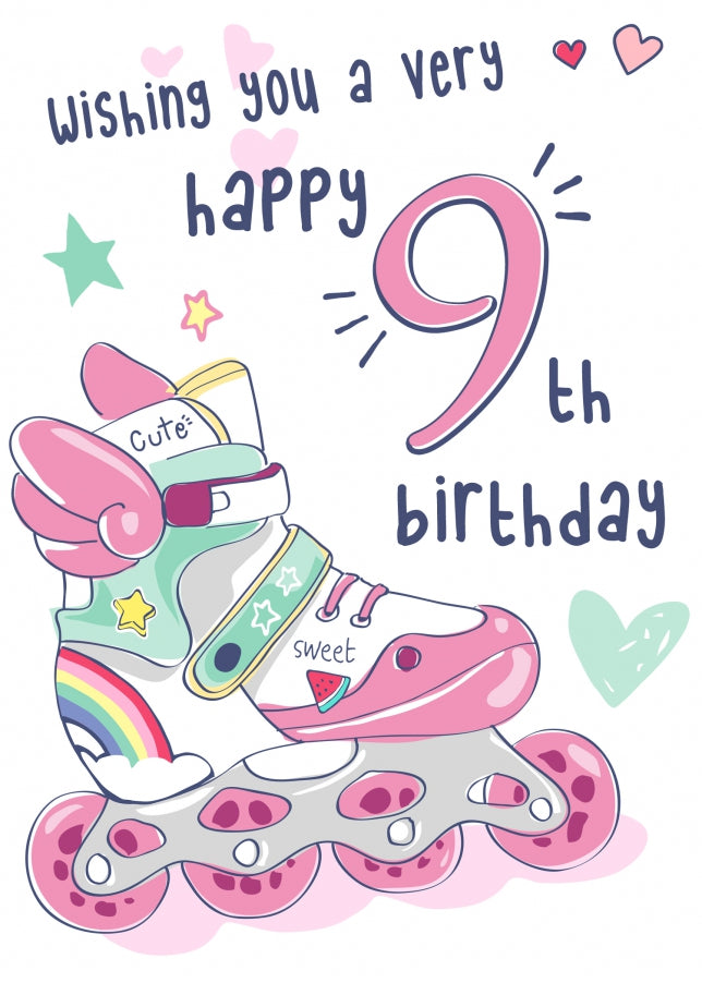 Rollerblades 9th Birthday Card for Girls - Pretty Pink Card for 9 Year Old Girl