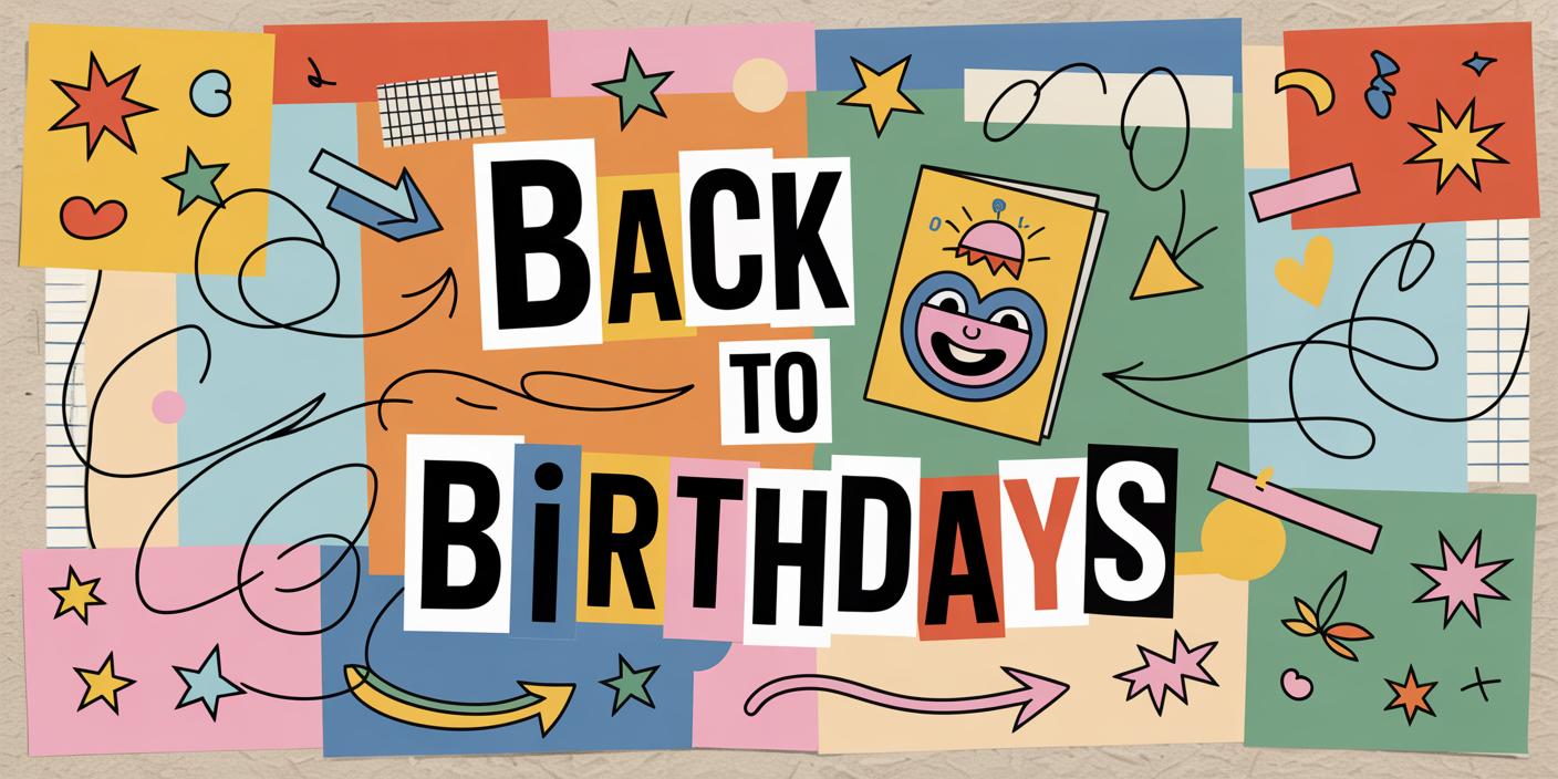 Colorful graphic with 'Back to Birthdays' text and various shapes and patterns.