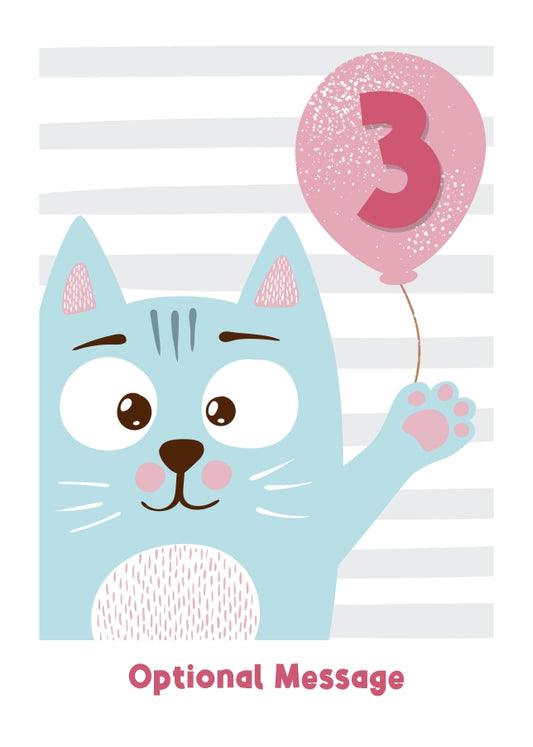 3rd Birthday Card for Girls - Happy Cat with Balloon