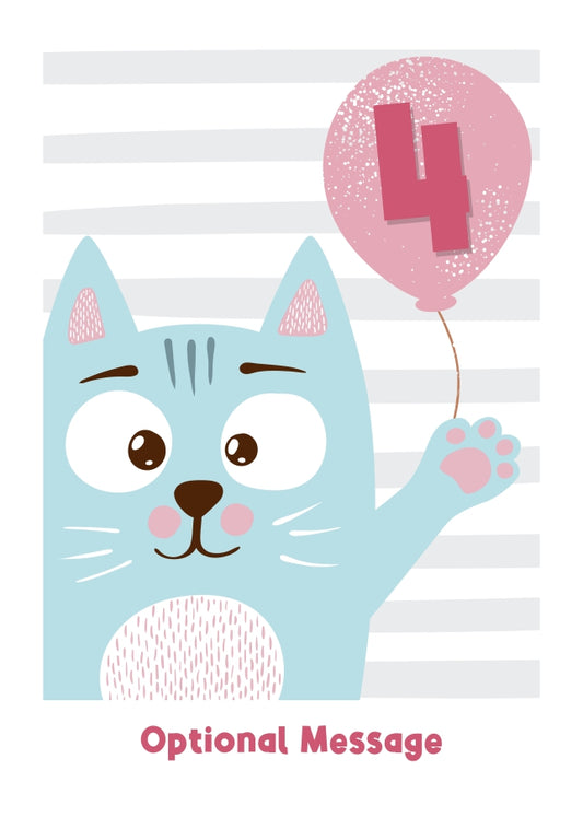 4th Birthday Card for Girls - Happy Cat with Balloon
