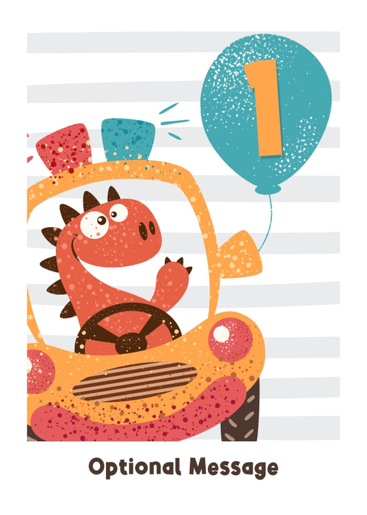 1st Birthday Card for Boys - Happy Dinosaur in Car with Balloon