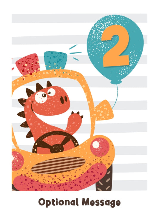 2nd Birthday Card for Boys - Happy Dinosaur in Car with Balloon