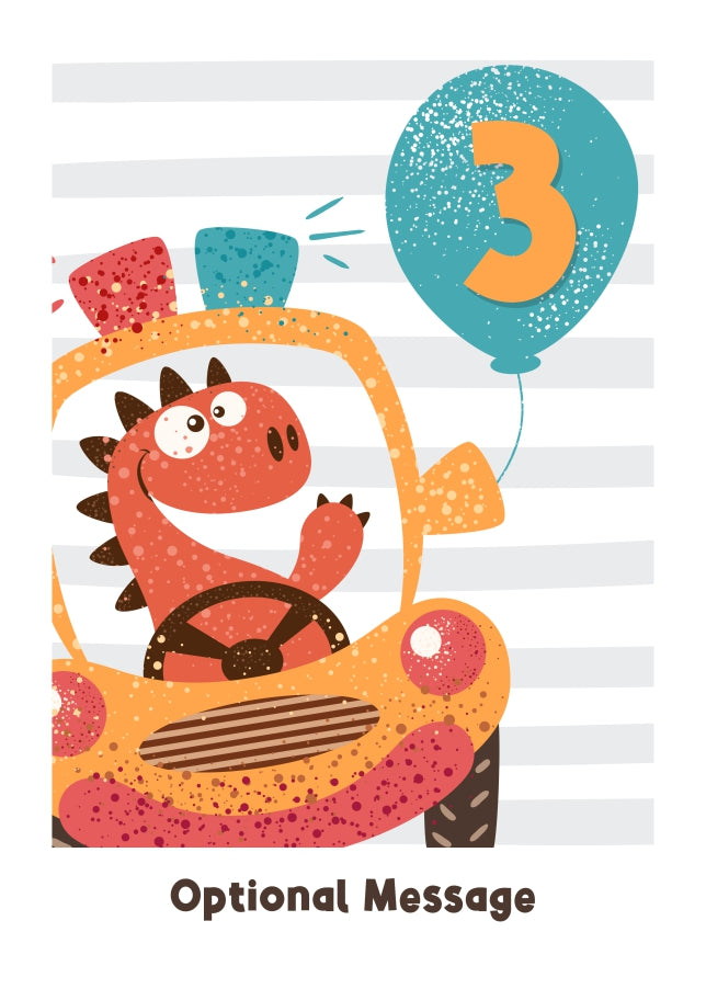 3rd Birthday Card for Boys - Happy Dinosaur in Car with Balloon