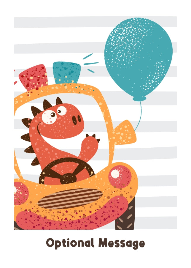 Birthday Card for Boys - Happy Dinosaur in Car with Balloon