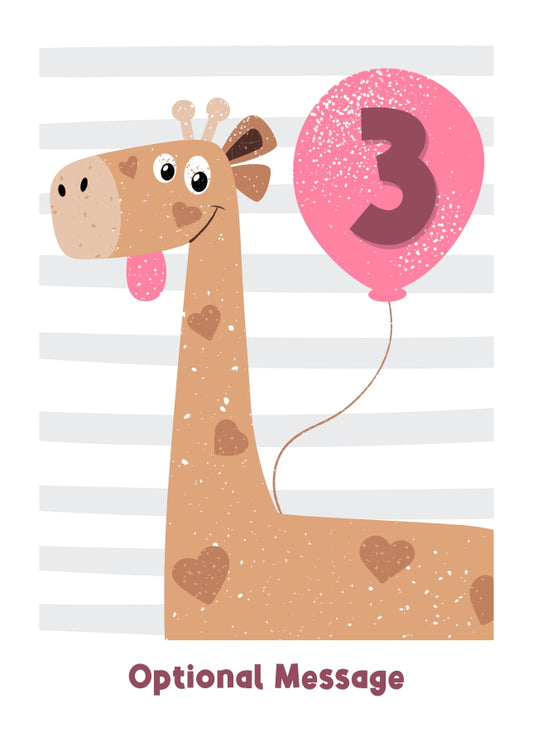 3rd Birthday Card for Girls - Happy Giraffe with Balloon