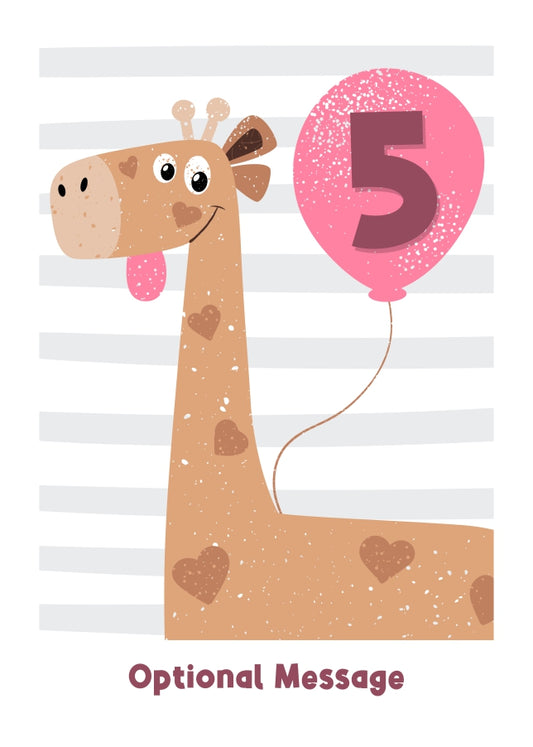 5th Birthday Card for Girls - Happy Giraffe with Balloon