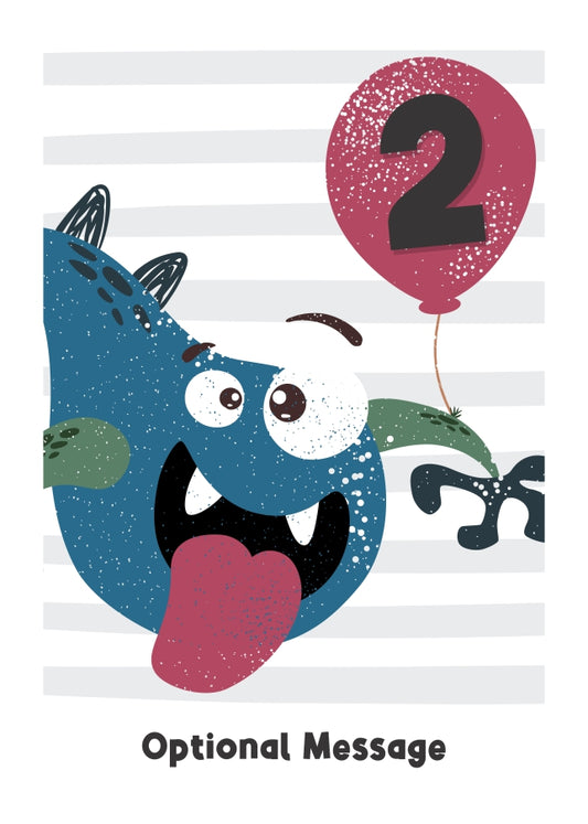 2nd Birthday Card for Boys - Happy Monster with Balloon