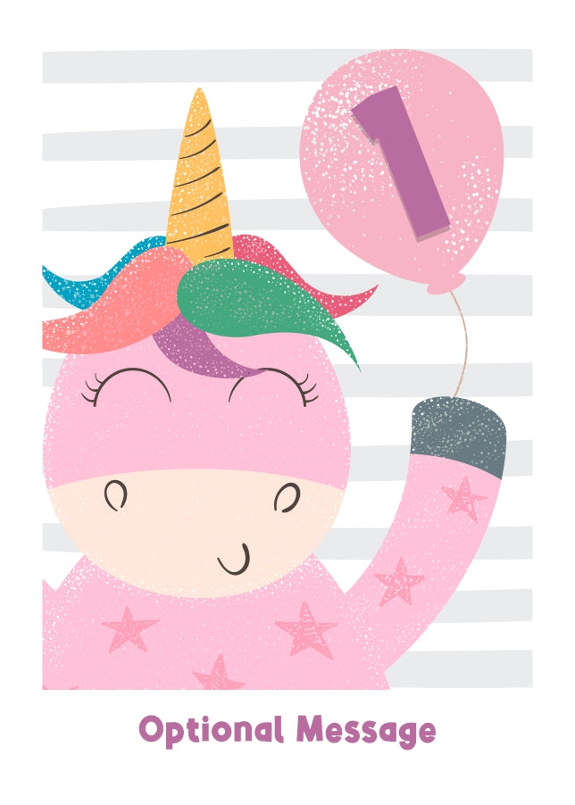 1st Birthday Card for Girls - Happy Unicorn with Balloon