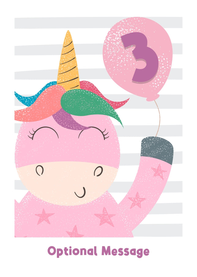 3rd Birthday Card for Girls - Happy Unicorn with Balloon