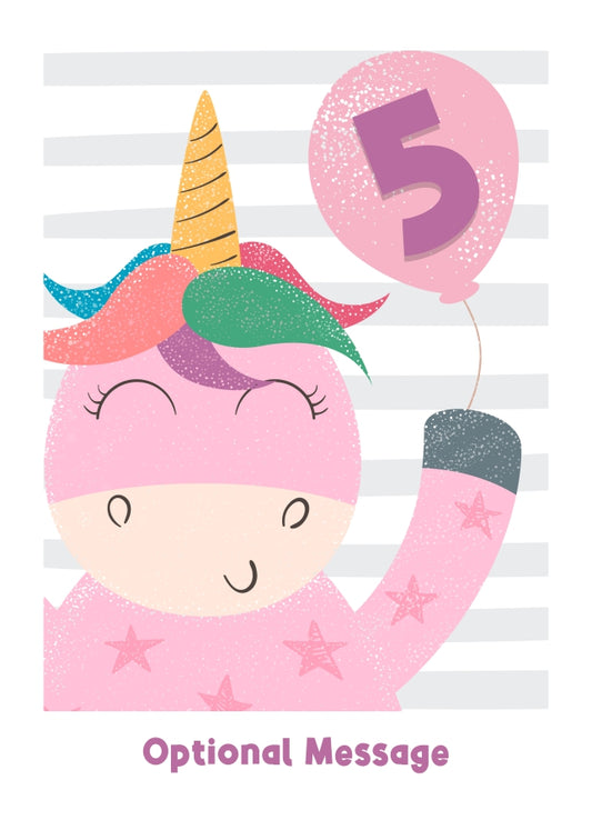 5th Birthday Card for Girls - Happy Unicorn with Balloon
