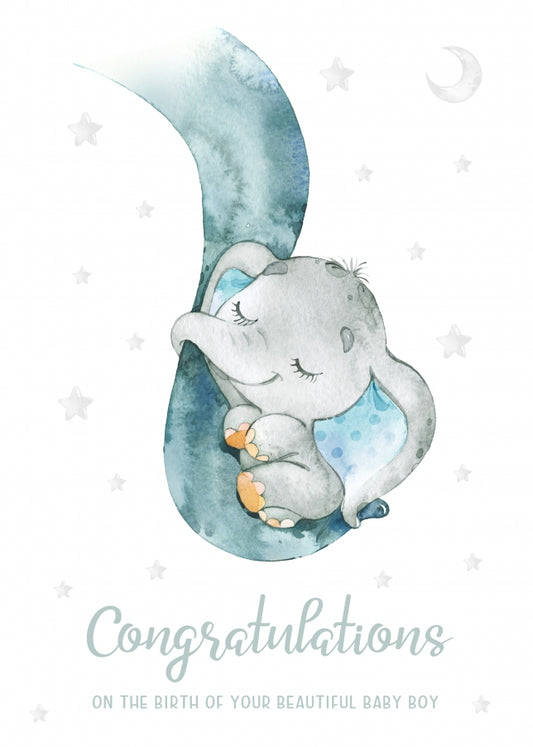 Congratulations New Baby Boy Card for Proud Parents - Baby Elephant Christening Card