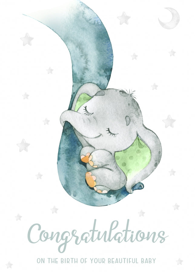 Congratulations New Baby Card for Proud Parents - Neutral Christening Card Baby Elephant