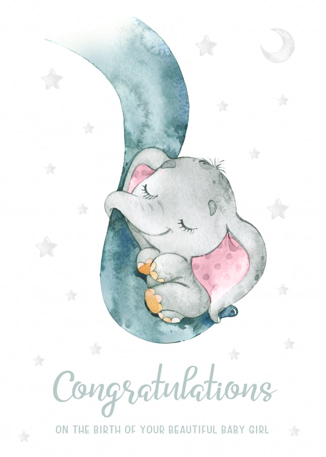 Congratulations New Baby Girl Card for Proud Parents - Baby Elephant Christening Card