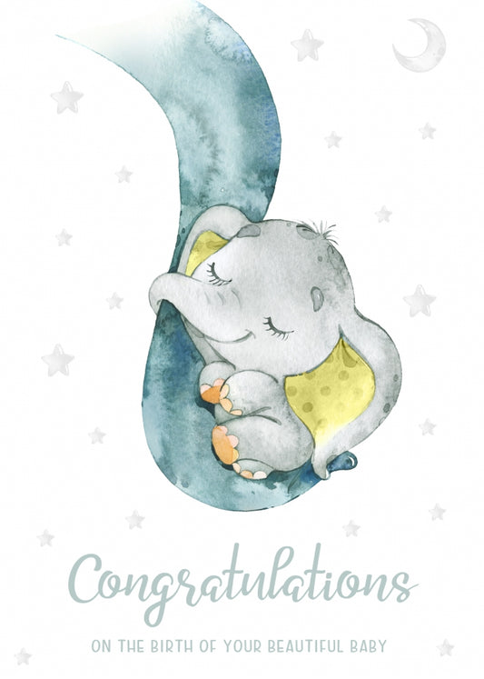 Congratulations New Baby Card for Proud Parents - Baby Elephant Neutral Christening Card