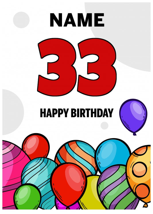 Happy 33rd Birthday Card - Bold Birthday Balloons Design