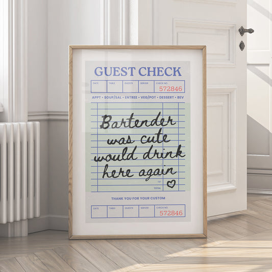 Bartender Was Cute Print - Guest Check - Digital Download