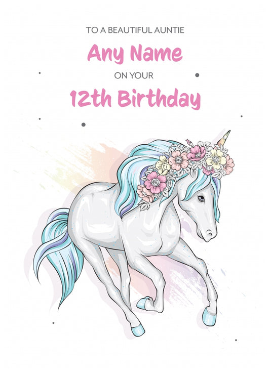 12th Birthday Card for Auntie - Beautiful Unicorn