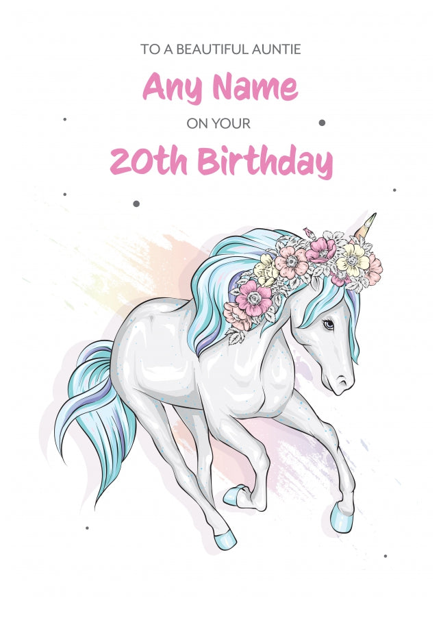 20th Birthday Card for Auntie - Beautiful Unicorn