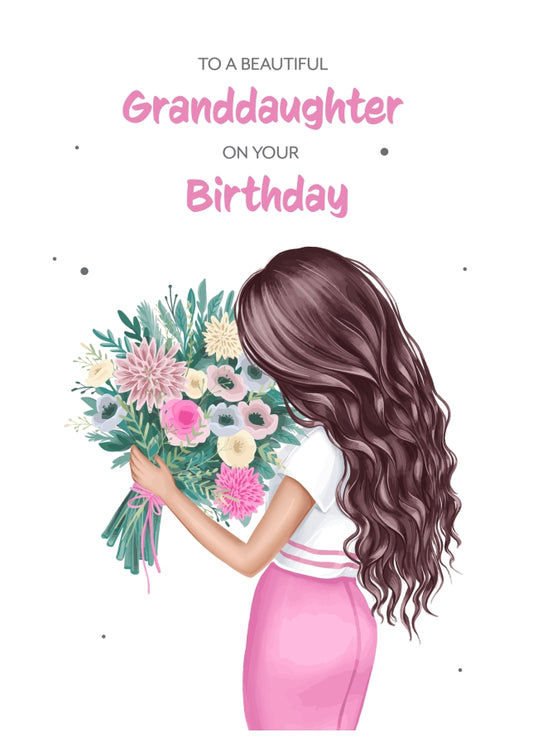 Granddaughter Birthday Card for Women - Beautiful Brunette Granddaughter with Flowers