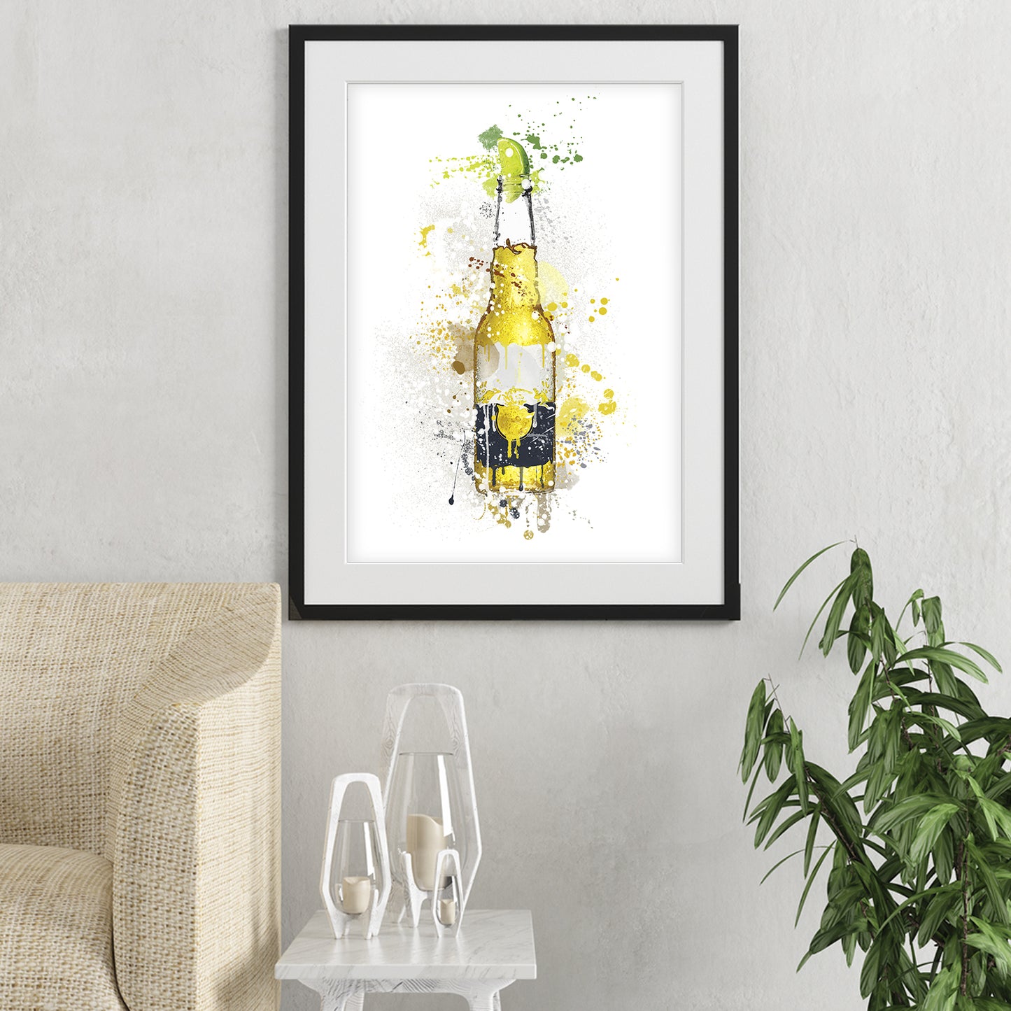 beer bottle wall art shown in a living room