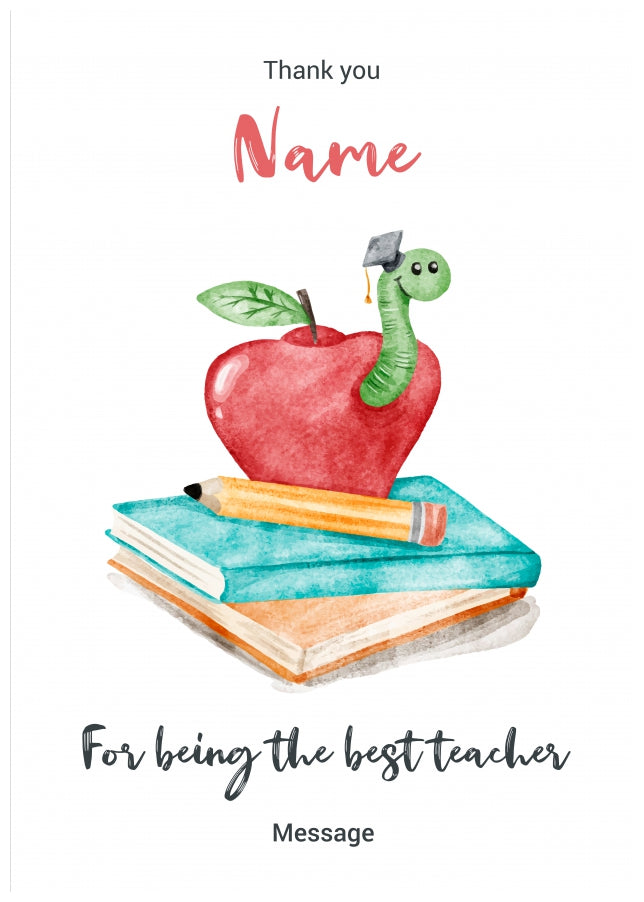 Personalised Best Teacher Card - Apple and Worm