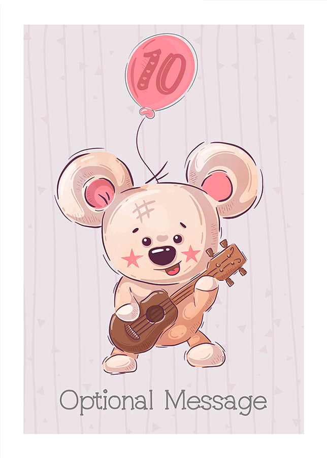 Personalised Cute 10th Birthday Card - Bear with Guitar