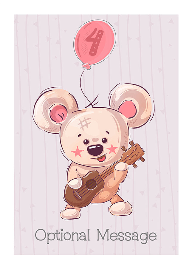 Personalised Cute 4th Birthday Card - Bear with Guitar