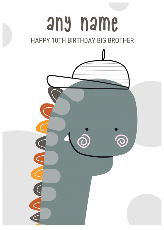 Happy 10th Birthday Card for Big Brother - Dinosaur with Cap