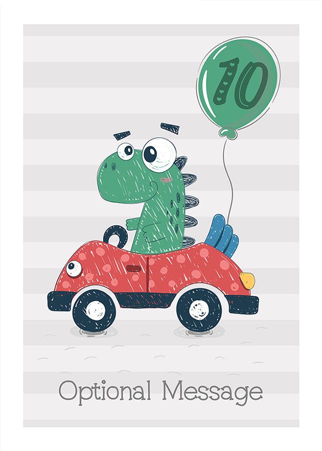 Boys 10th Birthday Card - Dinosaur Driving a Car