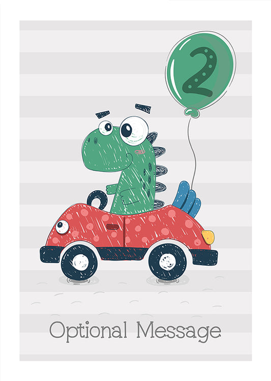 Boys 2nd Birthday Card - Dinosaur Driving a Car