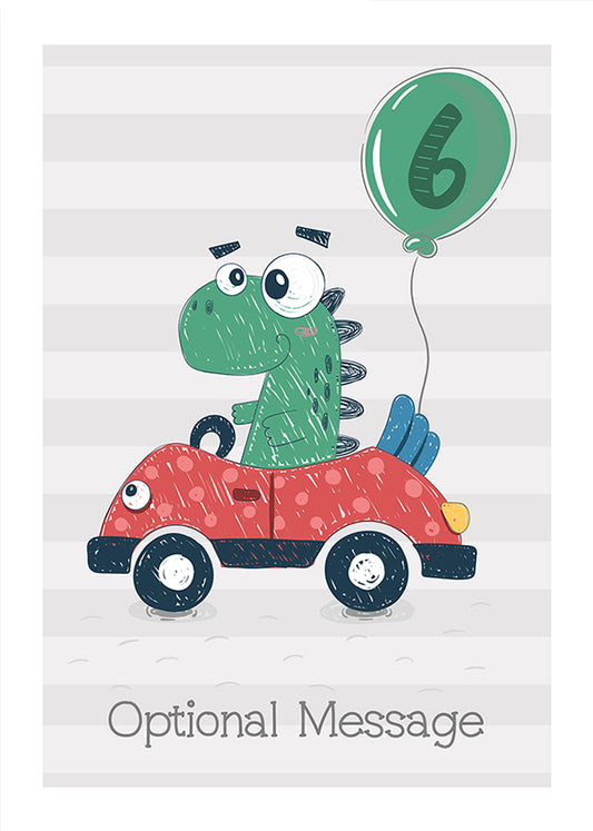 Boys 6th Birthday Card - Dinosaur Driving a Car