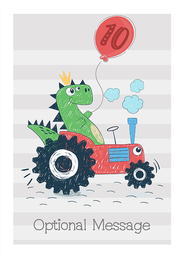 Personalised Cute 10th Birthday Card - Dinosaur Driving Tractor