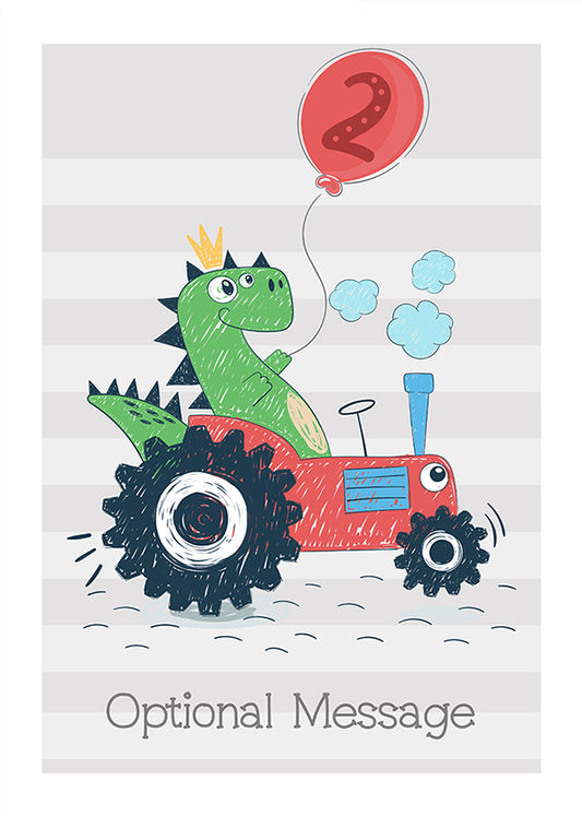 Personalised Cute 2nd Birthday Card - Dinosaur Driving Tractor