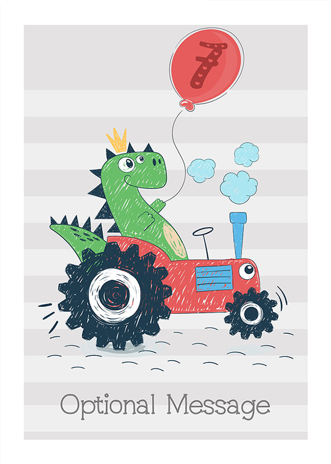 Personalised Cute 7th Birthday Card - Dinosaur Driving Tractor