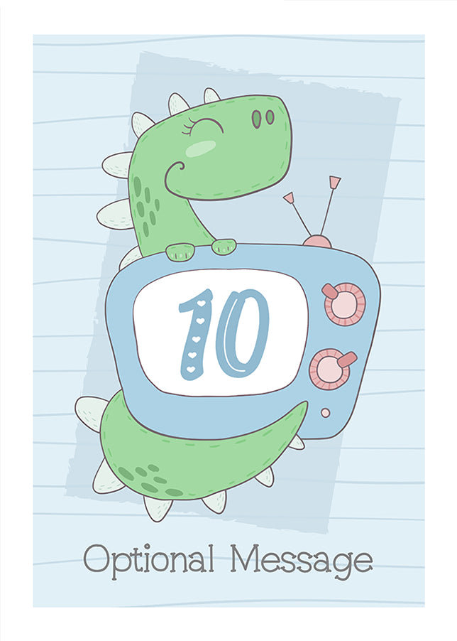 Personalised Cute 10th Birthday Card - Dinosaur with TV