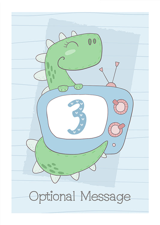 Personalised Cute 3rd Birthday Card - Dinosaur with TV