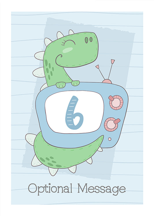 Personalised Cute 6th Birthday Card - Dinosaur with TV