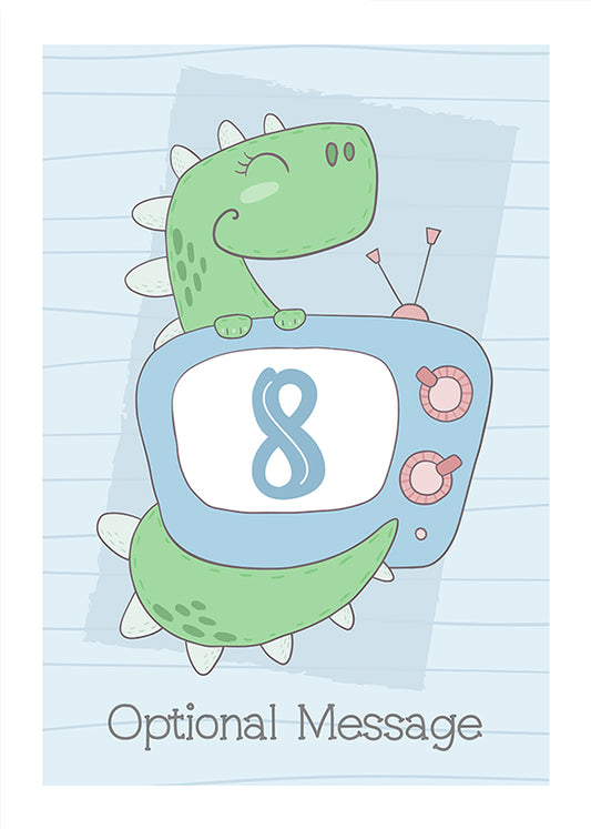 Personalised Cute 8th Birthday Card - Dinosaur with TV