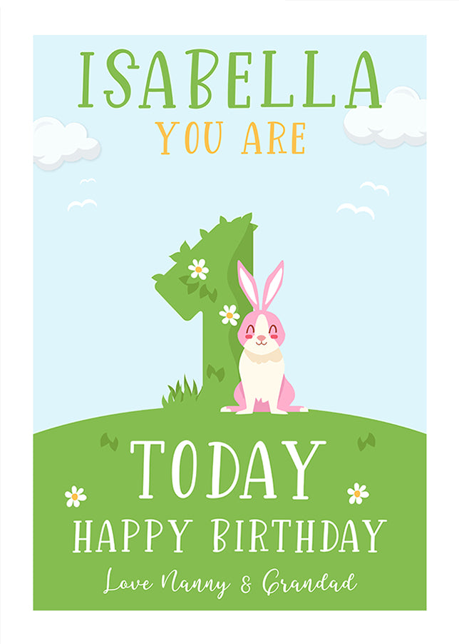 Personalised 1st Birthday Card for Girls (Rabbits)